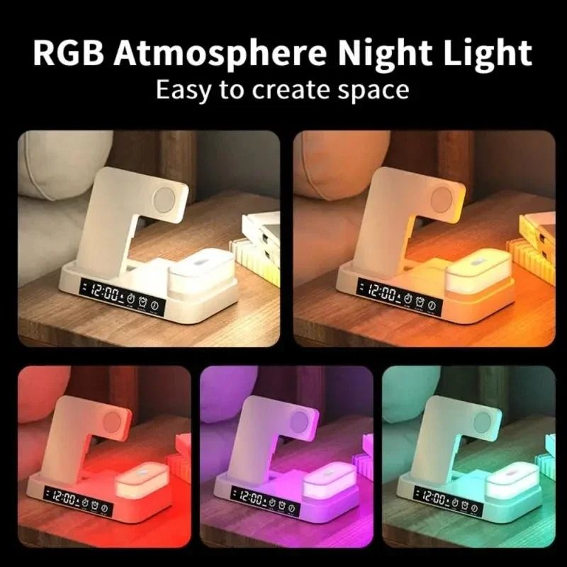 30W 3in1 Wireless Charging Stand Alarm Clock Night Light Station 1