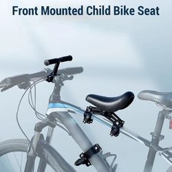 child front-mounted bicycle seat with handlebars and foot pedals