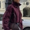 Womens Burgundy Bomber Jacket With Zipper And Stand Collar 3