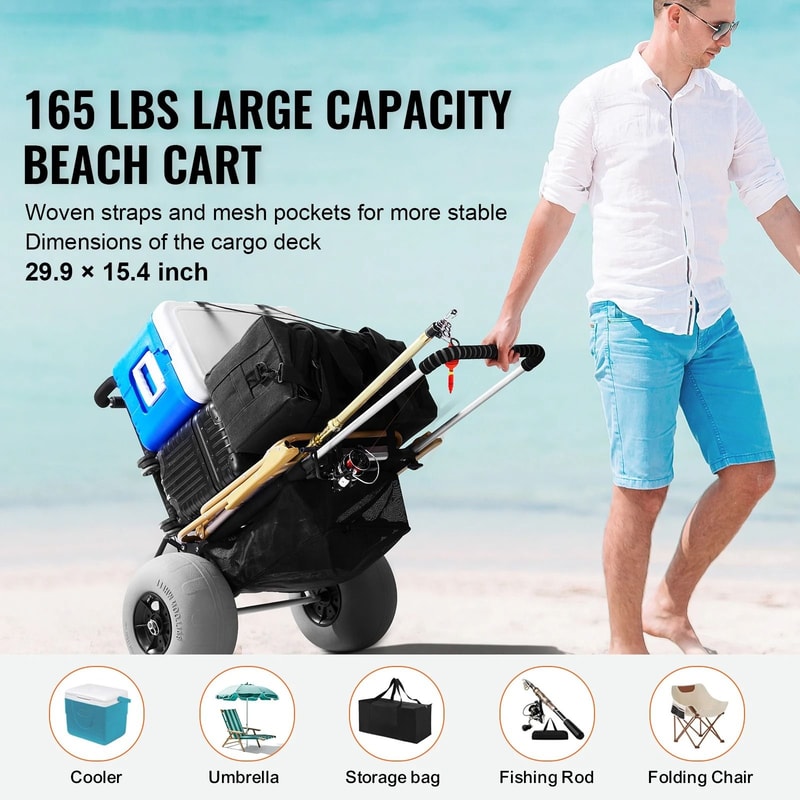 Folding Beach Cart With Large Balloon Wheels And Heavy Duty Cargo Deck 1