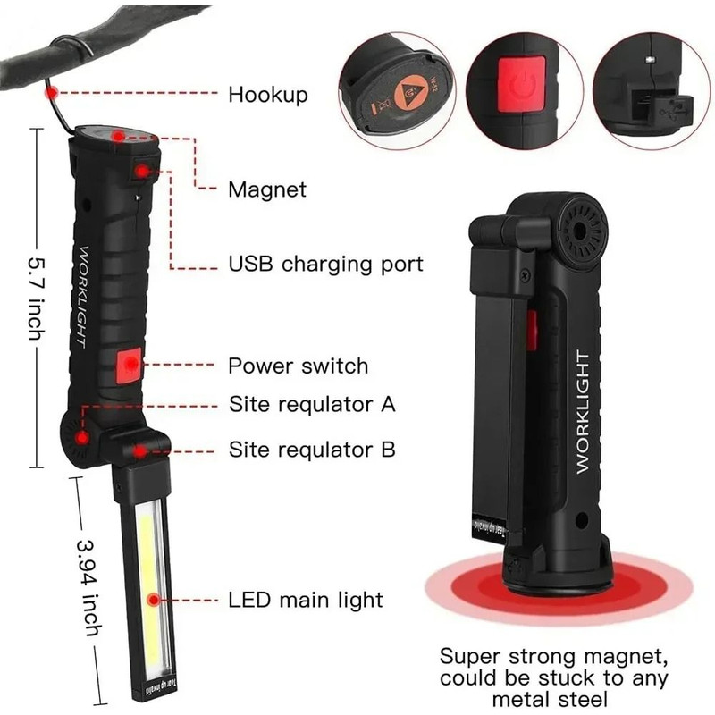 COB LED Work Light USB Rechargeable With Magnetic Hook Power Bank 2