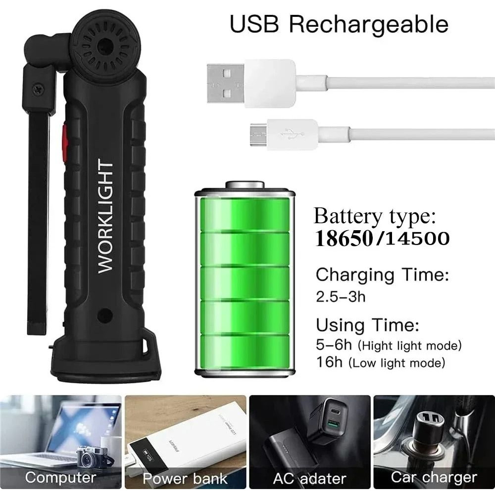 COB LED Work Light USB Rechargeable With Magnetic Hook Power Bank 4