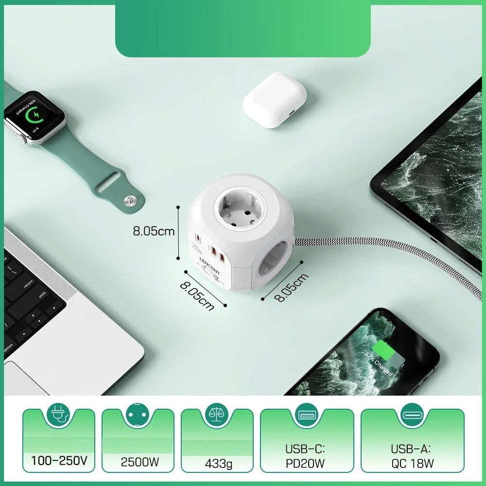 Flat EU Plug Power Cube With Fast Charging Multiple Outlets 4