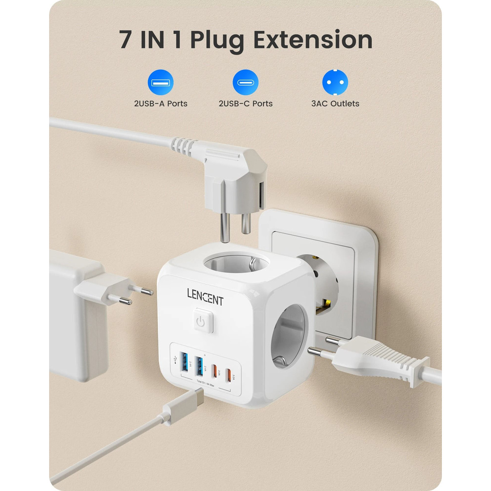 7 In 1 EU Plug Wall Socket Extender With USB A And USB C Ports 1