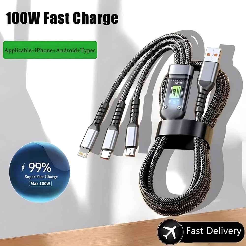 3in1 Braided Fast Charging Cable 100W 0