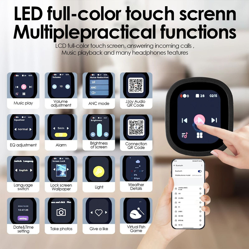 Hybrid Wireless Headphones With Active Noise Cancelling And LED Touch Screen 2