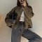Womens Suede Bomber Jacket In Brown And Green 0