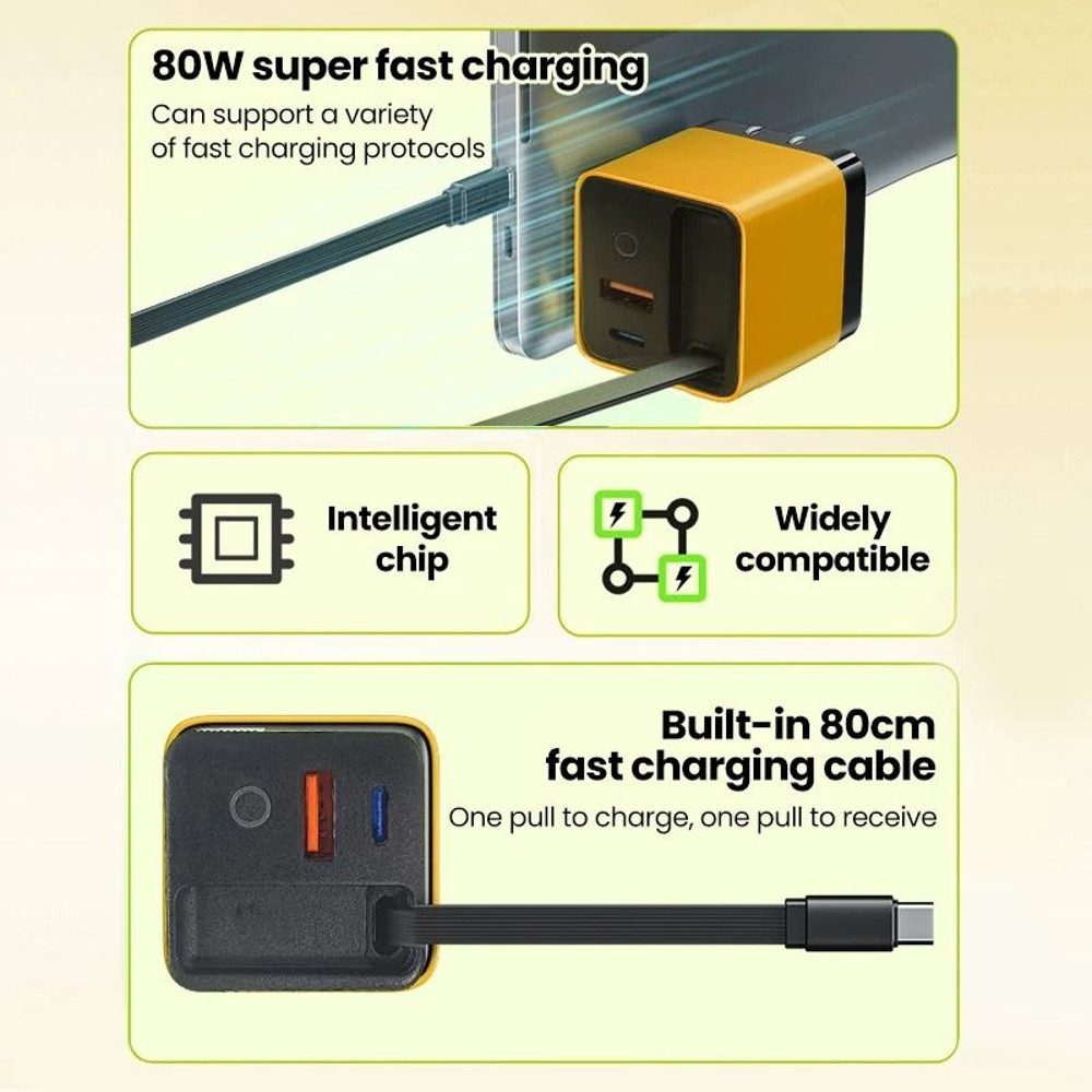 80W Fast Charging Type C USB Charger With Retractable Cable 1
