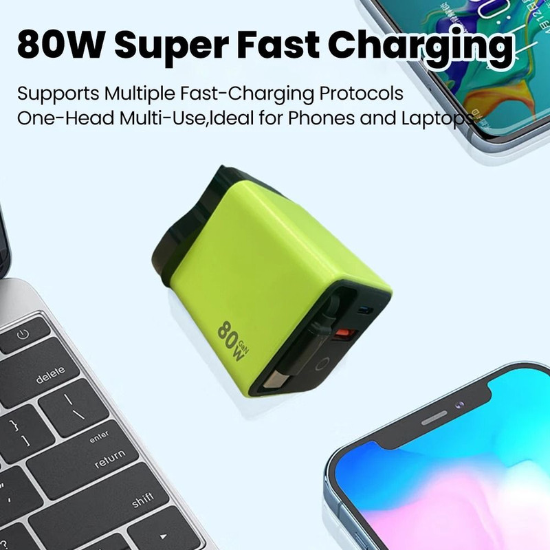 80W Fast Charging Type C USB Charger With Retractable Cable 4