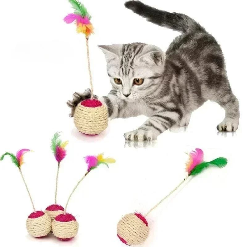 Natural Fiber Cat Play Ball With Feather Teaser 0