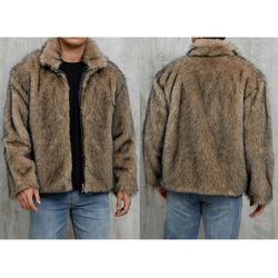 mens faux fur winter jacket with stand collar and zip up closure