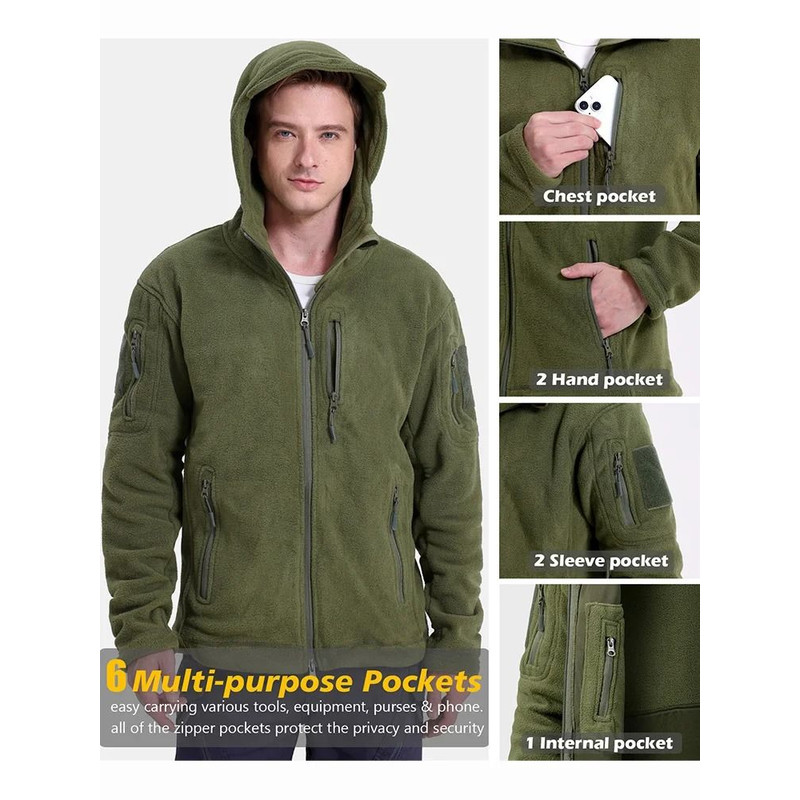 Mens Winter Tactical Fleece Jacket With Multiple Pockets And Hood 2