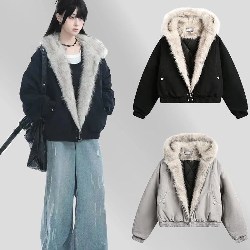 Unisex Retro Plush Winter Jacket With Fur Collar 0