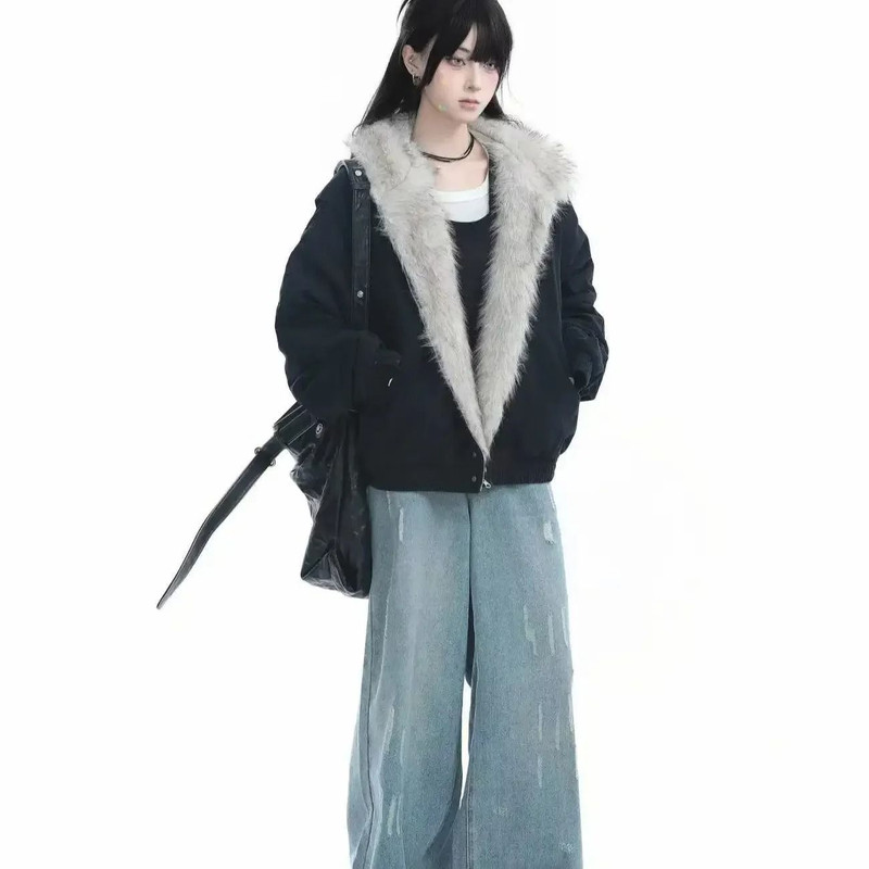 Unisex Retro Plush Winter Jacket With Fur Collar 1