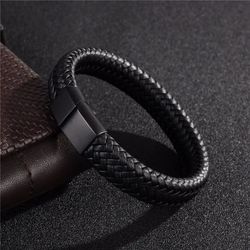 retro leather open bangle woven hand rope bracelet for men