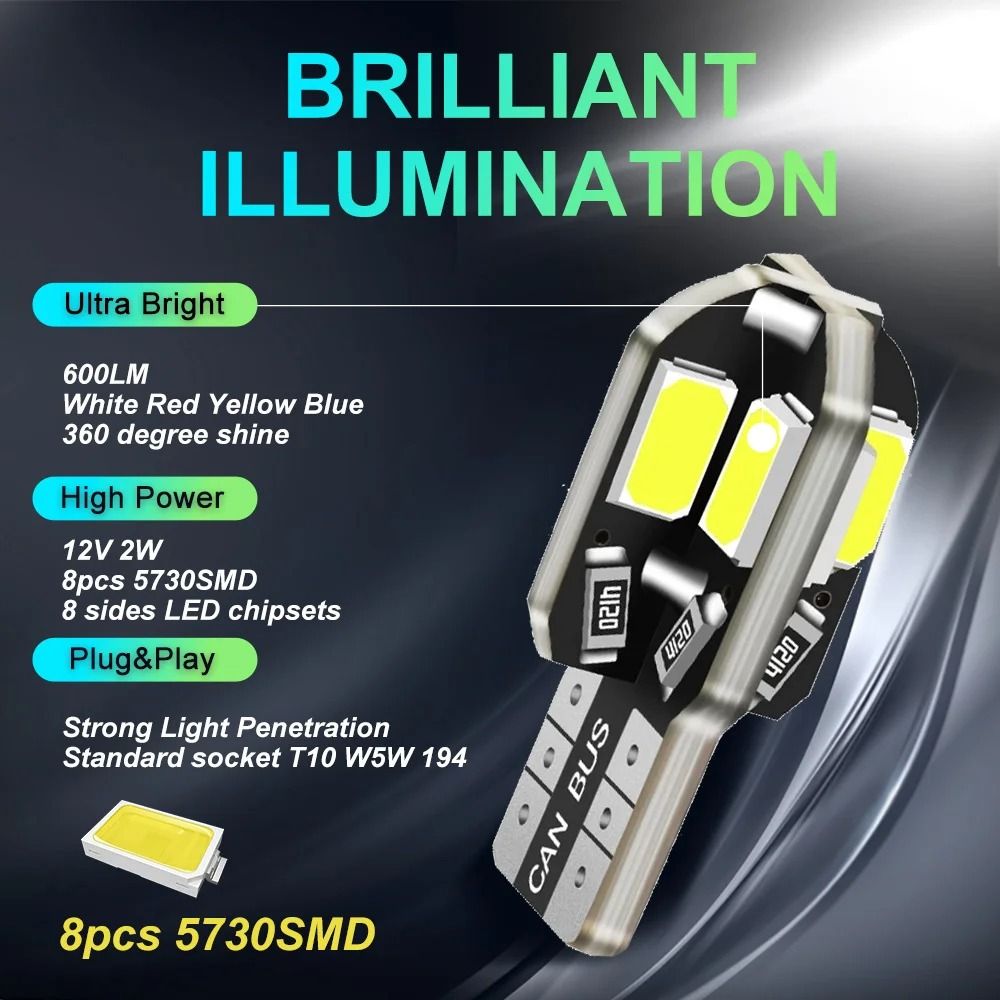 T10 W5W LED Car Bulbs 5730 8SMD 12V White Light Pack 2