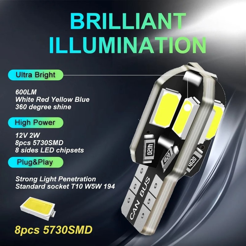 T10 W5W LED Car Bulbs 5730 8SMD 12V White Light Pack 2