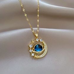 luxury designer star saturn pendant necklace for women stainless steel chain