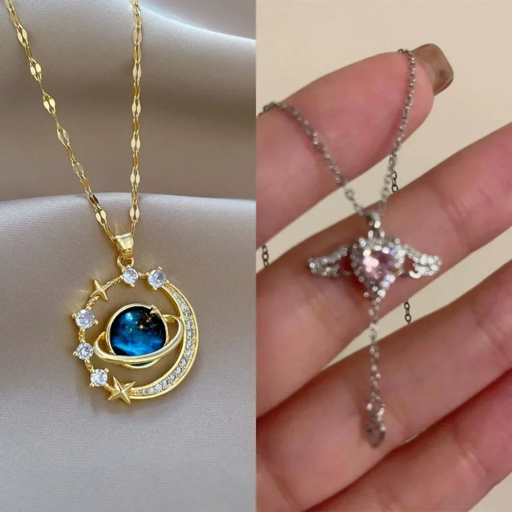 Luxury Designer Star Saturn Pendant Necklace For Women Stainless Steel Chain 10