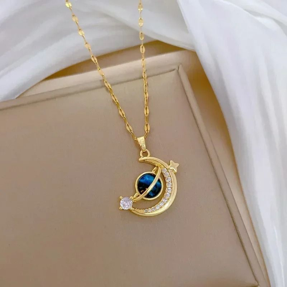 Luxury Designer Star Saturn Pendant Necklace For Women Stainless Steel Chain 1