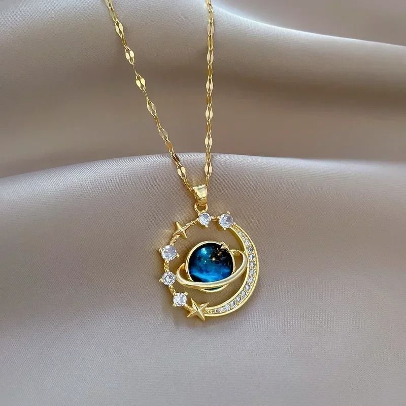 Luxury Designer Star Saturn Pendant Necklace For Women Stainless Steel Chain 7