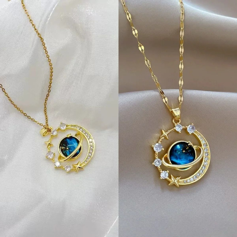 Luxury Designer Star Saturn Pendant Necklace For Women Stainless Steel Chain 8