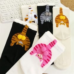 cartoon cat egg couple mid calf cotton socks one size