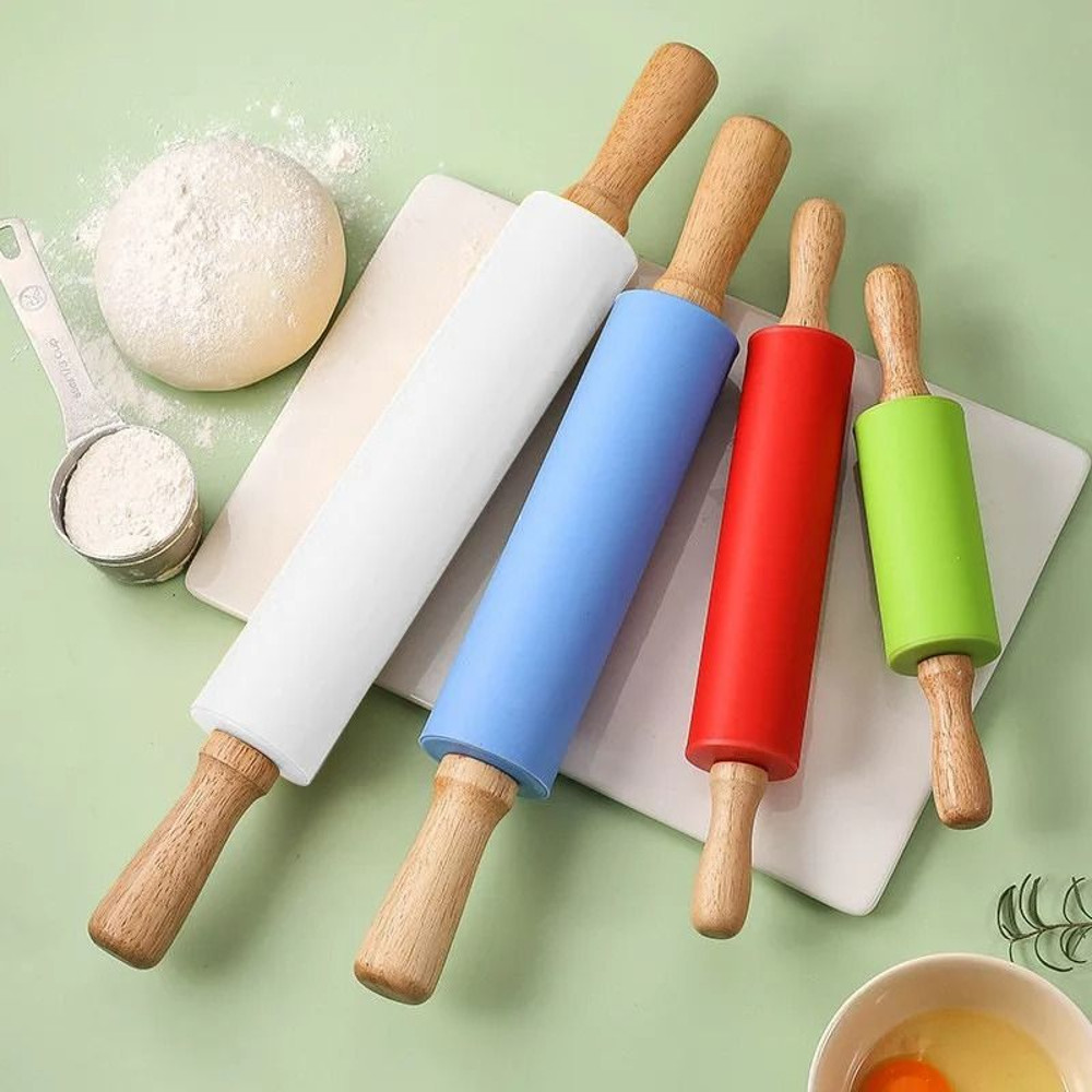 NonStick Silicone Rolling Pin With Wooden Handle For Baking 0