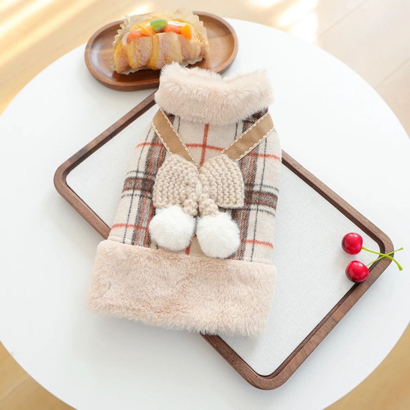 Cozy Coffee Plaid Fleece Pet Vest With Bow For Autumn And Winter Warmth 1