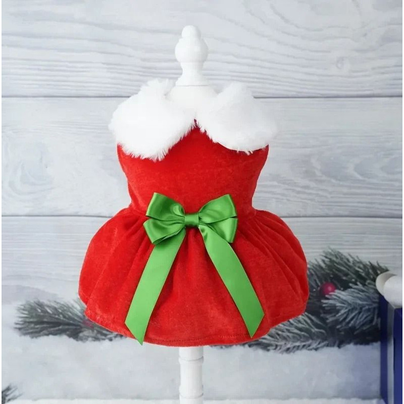 Festive Christmas Red Dress For Dogs And Cats With Warm Bow Frock Design 7