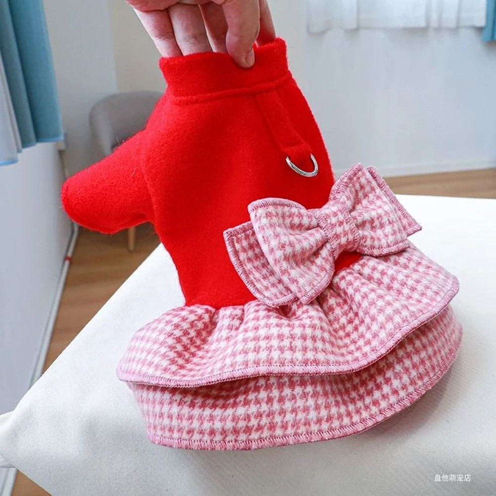 Cozy Red Princess Pet Dress With Traction Buckle For Autumn And Winter 4