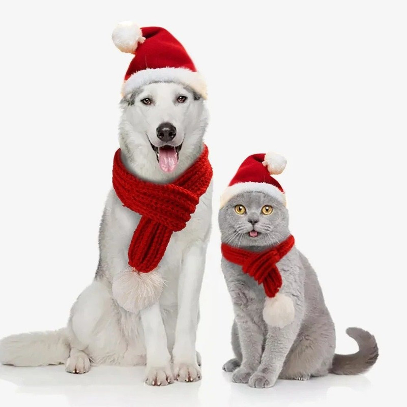 Cozy Knitted Christmas Scarf For Pets With Pompom Decoration 0