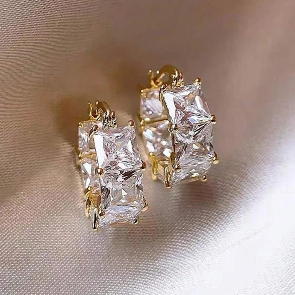 Elegant Gold Hoop Earrings With Square Gem Accents For Women 3