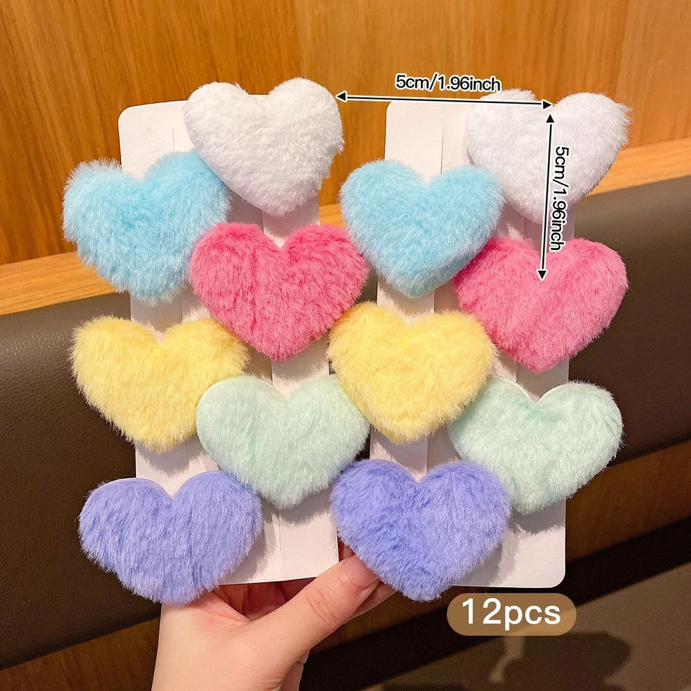 Plush Heart Shape Hair Clip Set 12Color Random For Girls And Kids 1