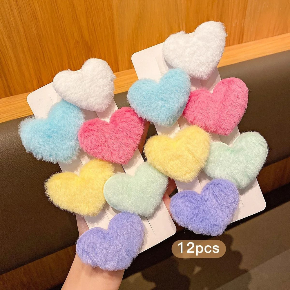 Plush Heart Shape Hair Clip Set 12Color Random For Girls And Kids 2