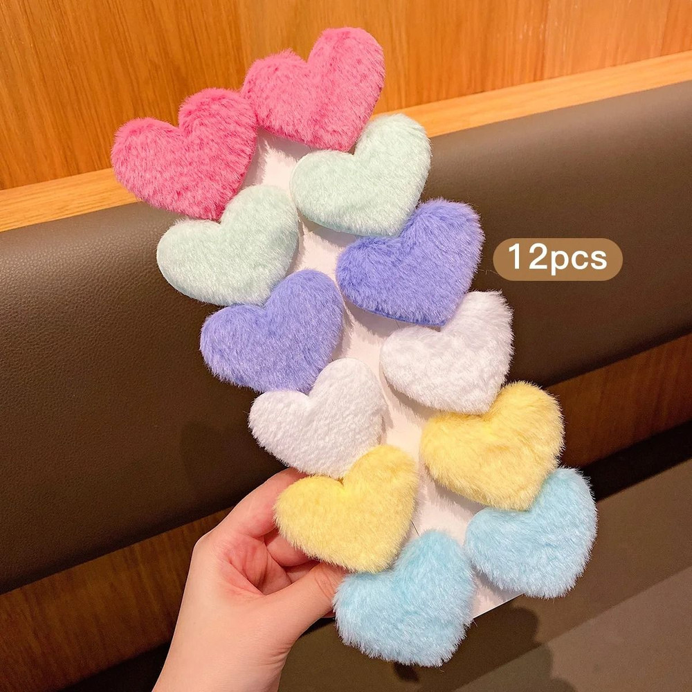 Plush Heart Shape Hair Clip Set 12Color Random For Girls And Kids 5