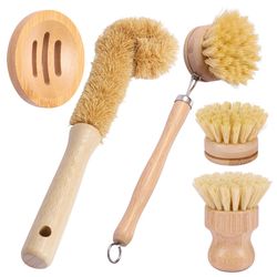 bamboo dish brush set with long handle and deep cleaning bristles