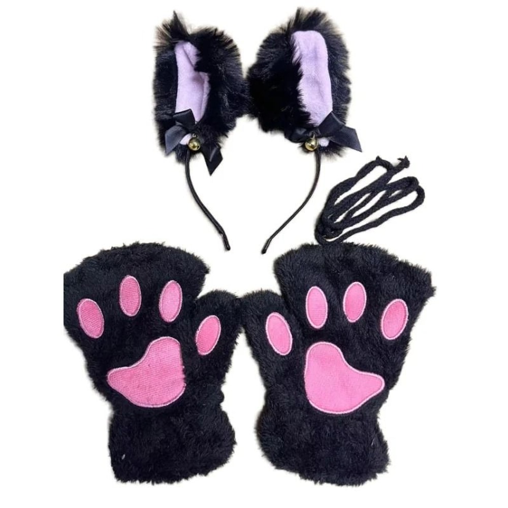 Adorable Cat Paw Gloves And Ear Headwear Set For Cute Winter Style 10