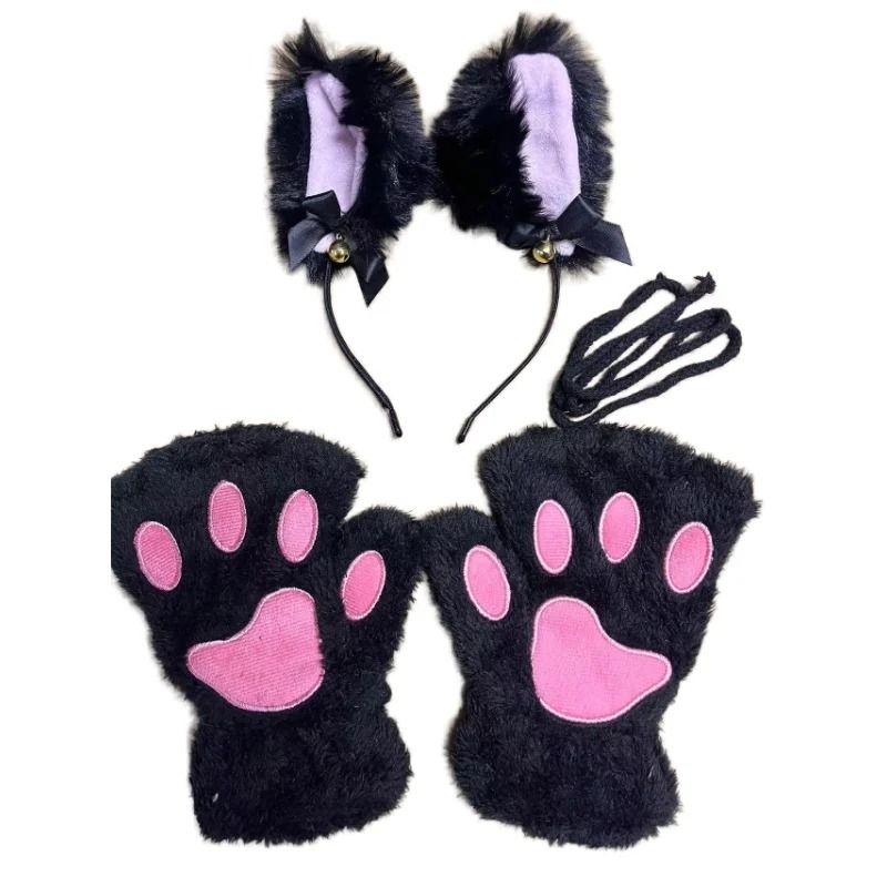 Adorable Cat Paw Gloves And Ear Headwear Set For Cute Winter Style 10