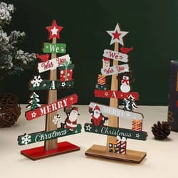 wooden christmas tree ornament with santa and snowman