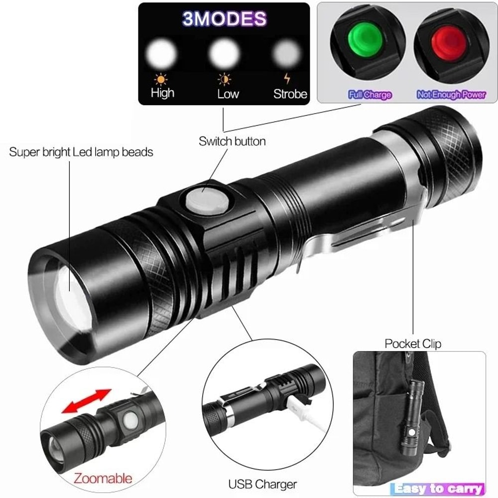 USB Rechargeable Portable LED Flashlight For Outdoor Use 1
