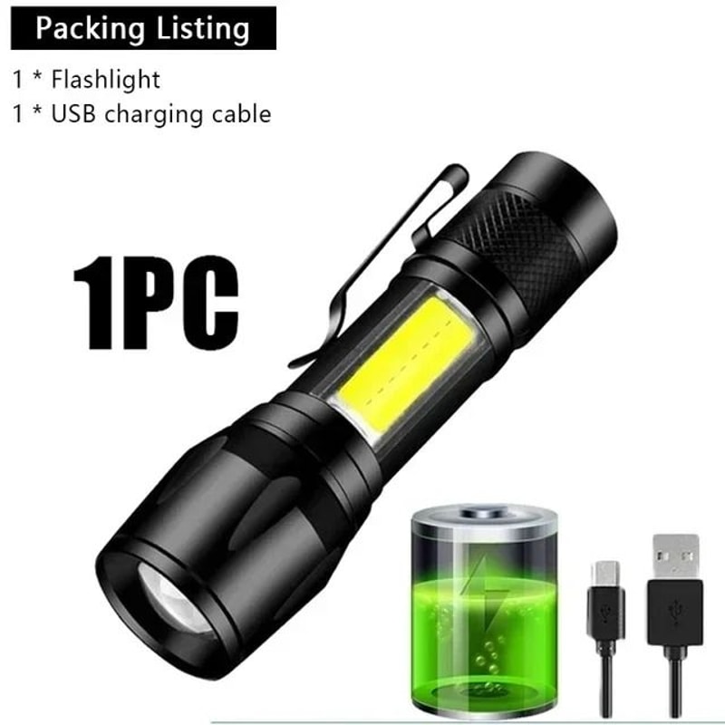 USB Rechargeable Mini COB And XPE LED Flashlight With Zoom And Pen Clip 6