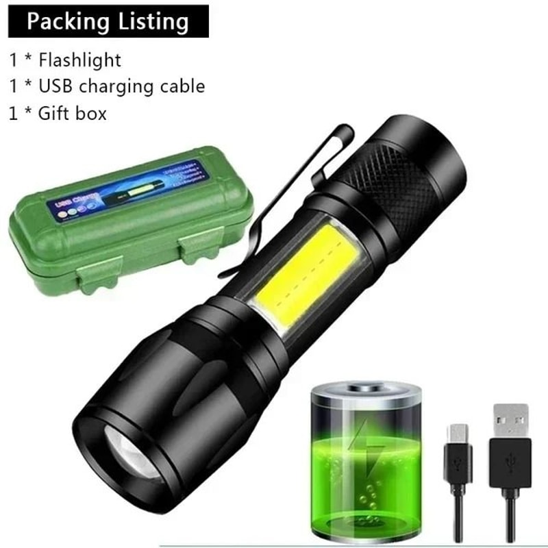 USB Rechargeable Mini COB And XPE LED Flashlight With Zoom And Pen Clip 8