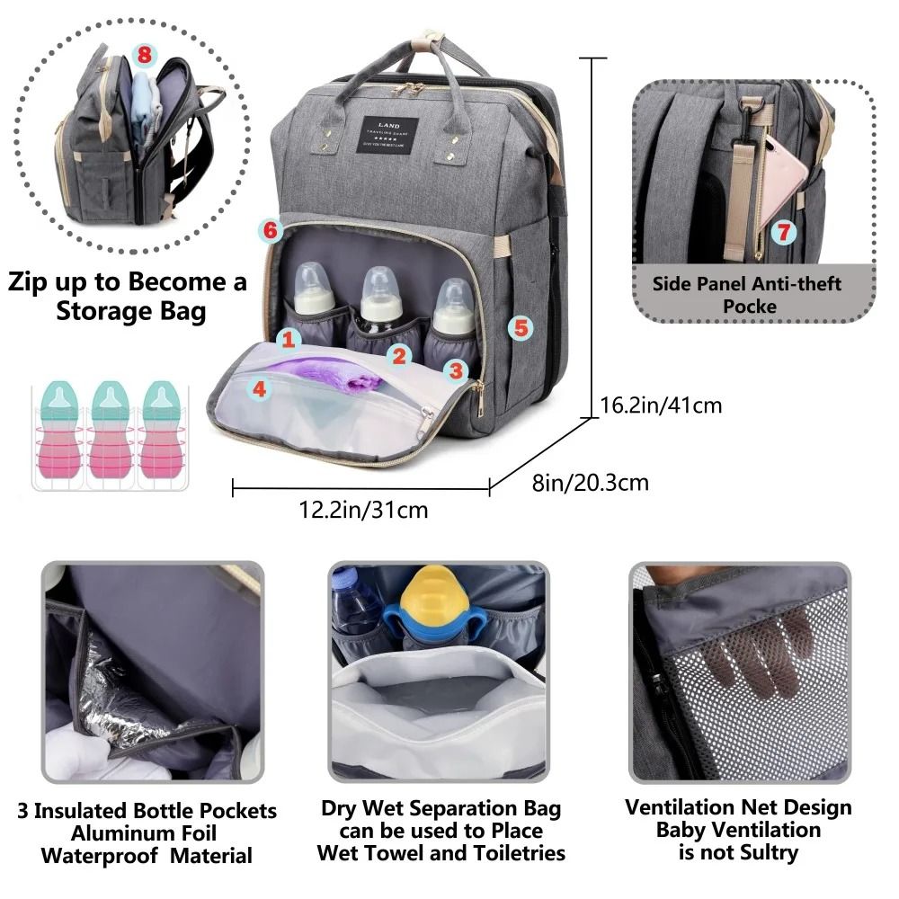 Large Capacity Mom Travel Backpack Diaper Bag With Portable Folding Crib Bed 3