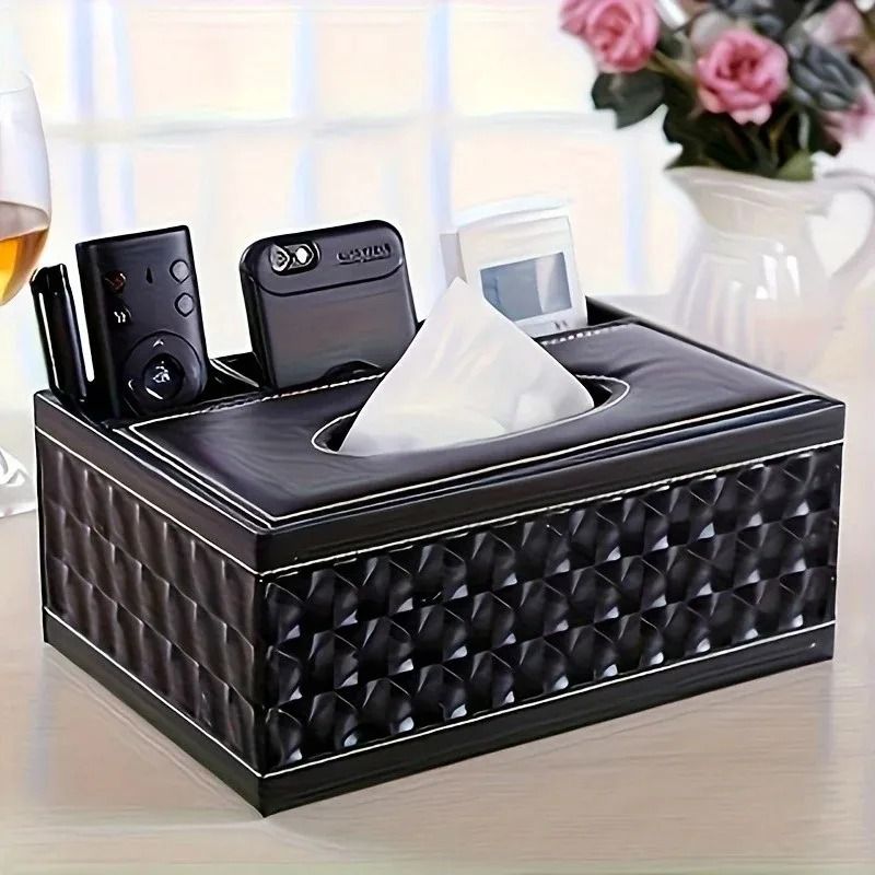 Elegant Faux Leather Tissue Box Cover With Remote Holder And Organizer 1