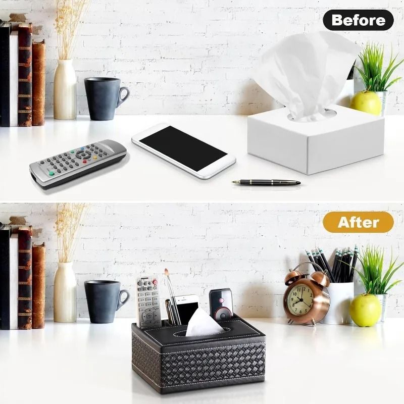 Elegant Faux Leather Tissue Box Cover With Remote Holder And Organizer 3