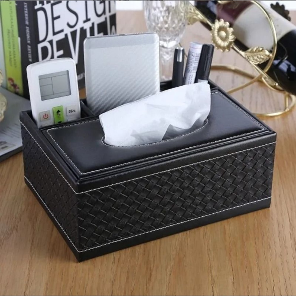 Elegant Faux Leather Tissue Box Cover With Remote Holder And Organizer 5