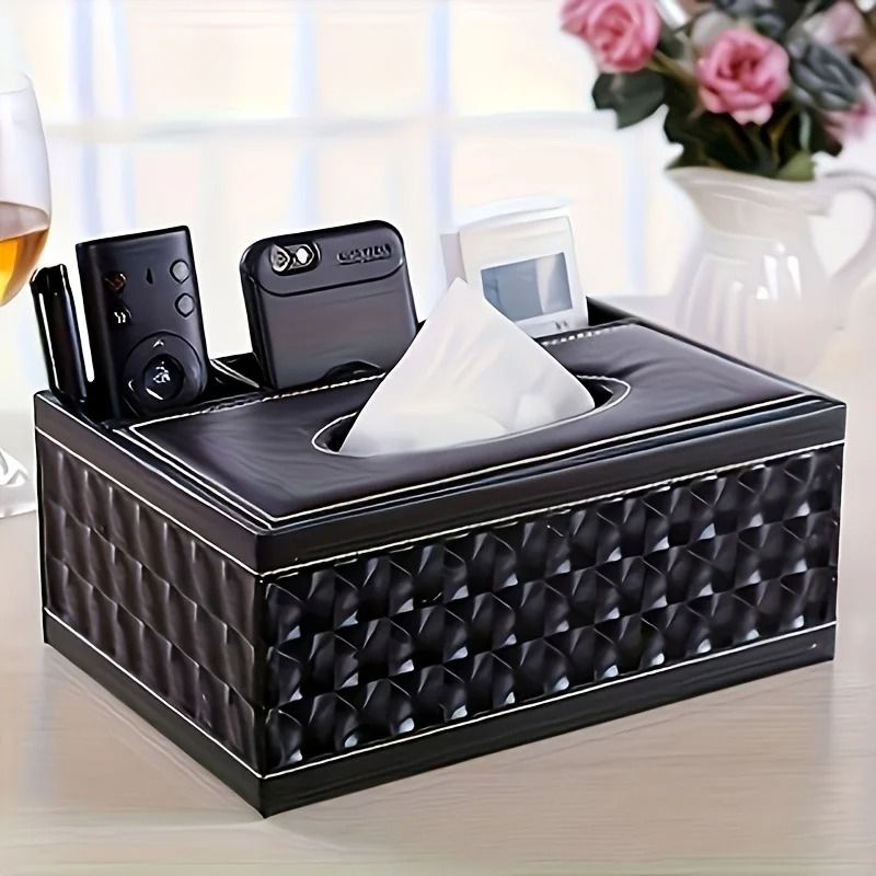 Elegant Faux Leather Tissue Box Cover With Remote Holder And Organizer 7
