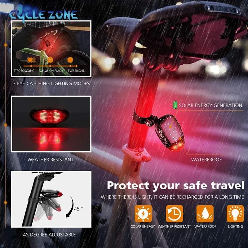 Solar Powered Bicycle Rear Taillights With LED Safety Warning 2