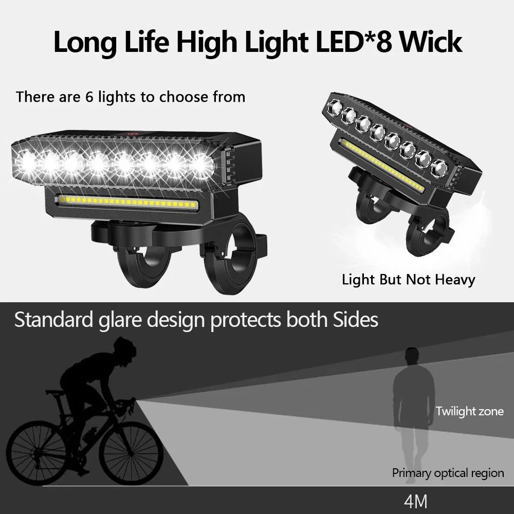 USB Rechargeable 8 LED Bike Front Light With Horn Bicycle Headlight 5